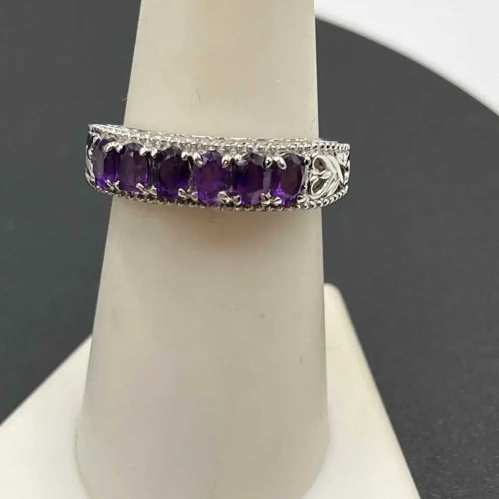Amethyst Faceted Oval Sterling Stainless Steel Open Heart Flank Ring Sz 7.5